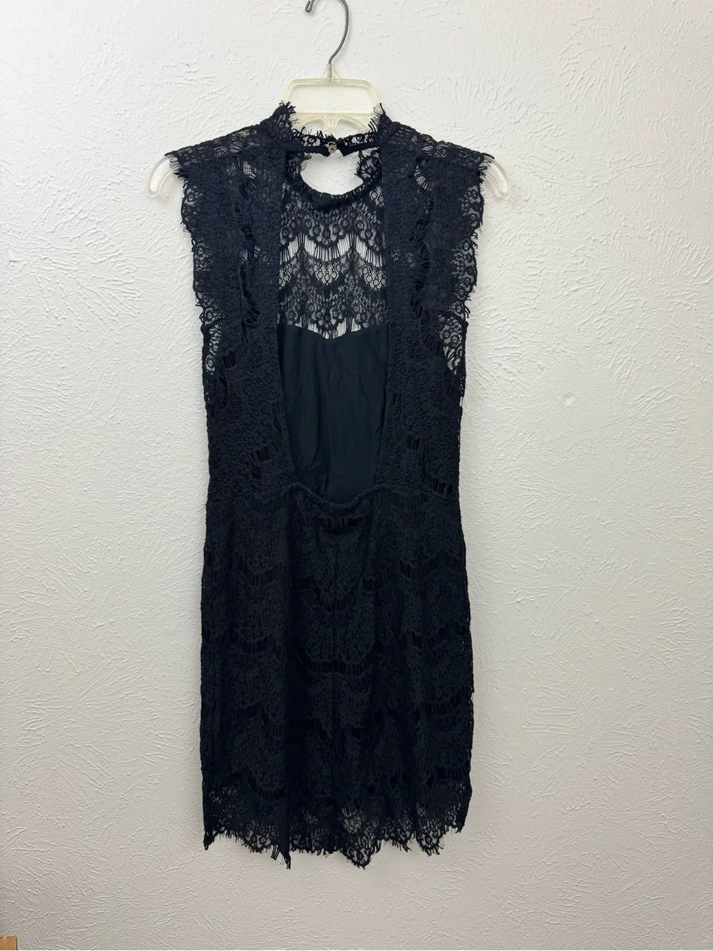 NWT Free People Black Lace Open Back Mini Dress Size Medium Mock Neck Cocktail